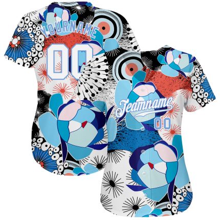 Customizable 3D Flower Pattern Baseball Jersey | Personalized White and Light Blue Team Jersey with Name and Number Personalized