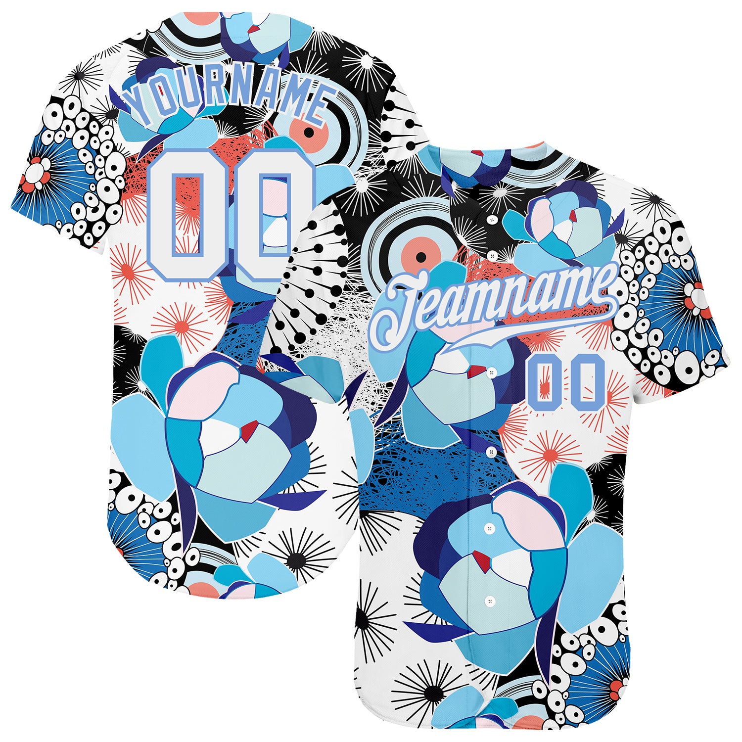 Customizable 3D Flower Pattern Baseball Jersey | Personalized White and Light Blue Team Jersey with Name and Number Personalized