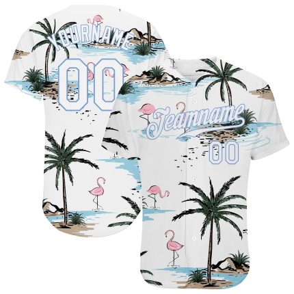 Personalized 3D Hawaii Palm Trees Baseball Jersey with Custom Name and Number - White Light Blue Design Personalized White