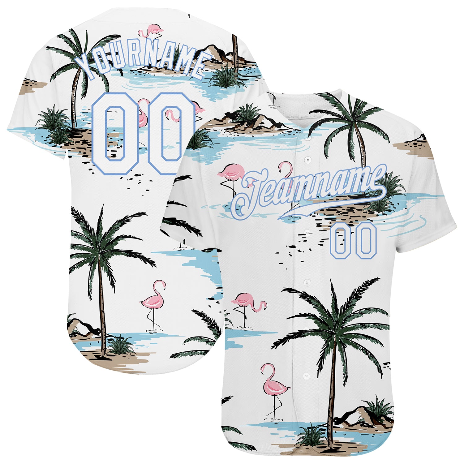 Personalized 3D Hawaii Palm Trees Baseball Jersey with Custom Name and Number - White Light Blue Design Personalized White