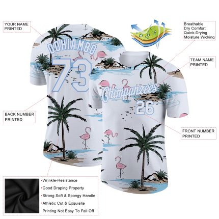 Custom Name and Number 3D Hawaii Palm Trees Performance T-Shirt - Personalized Light Blue Design Personalized White White-Light