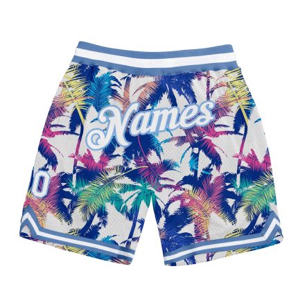 Custom Name and Number 3D Palm Trees Basketball Shorts in White and Light Blue - Personalized Team Gear Personalized White