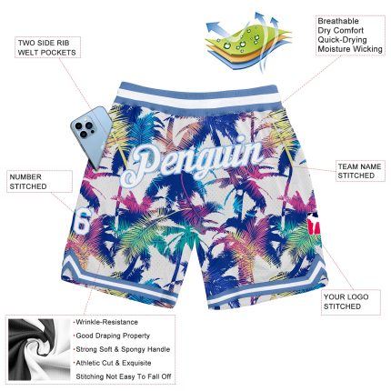 Custom Name and Number 3D Palm Trees Basketball Shorts in White and Light Blue - Personalized Team Gear Personalized White