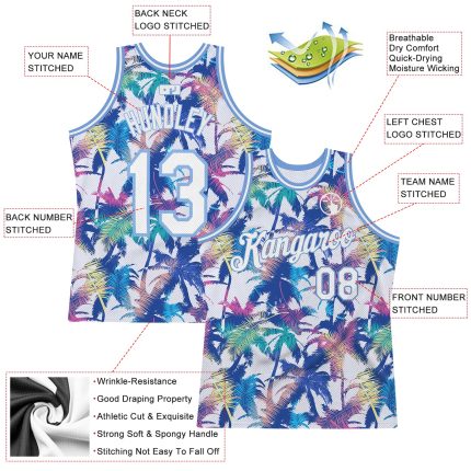 Personalized Hawaii Palm Trees 3D Pattern Basketball Jersey Custom Name & Number - White Light Blue Design Personalized White