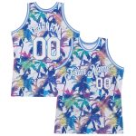 Personalized Hawaii Palm Trees 3D Pattern Basketball Jersey Custom Name & Number - White Light Blue Design Personalized White
