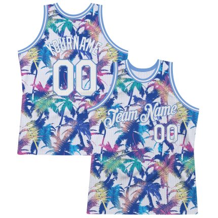 Personalized Hawaii Palm Trees 3D Pattern Basketball Jersey Custom Name & Number - White Light Blue Design Personalized White