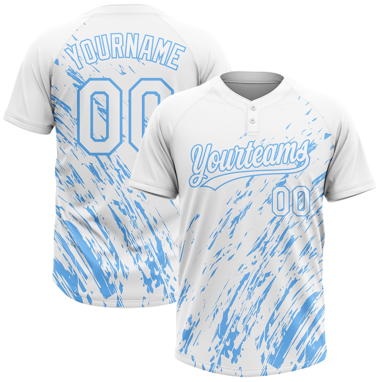 Custom Softball Jersey with Personalized Name and Number, White-Light Blue 3D Pattern, Unisex, Two-Button Style Personalized