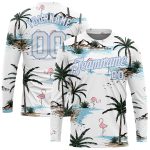 Custom Name and Number Performance T-Shirt with Hawaii Palm Trees 3D Pattern - Long Sleeve White and Light Blue Design Personalized