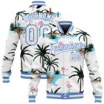 Customizable 3D Hawaii Palm Trees Flamingo Bomber Jacket with Team Name & Number - White Light Blue Varsity Full-Snap Design