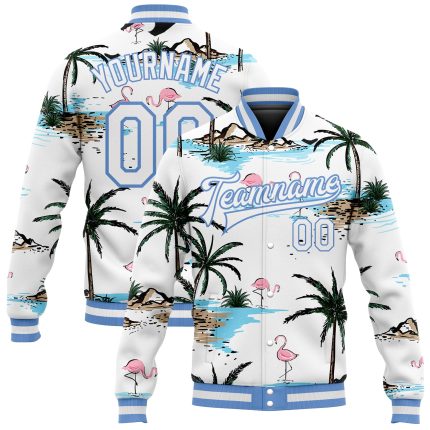 Customizable 3D Hawaii Palm Trees Flamingo Bomber Jacket with Team Name & Number - White Light Blue Varsity Full-Snap Design