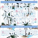 Customizable 3D Hawaii Palm Trees Flamingo Bomber Jacket with Team Name & Number - White Light Blue Varsity Full-Snap Design