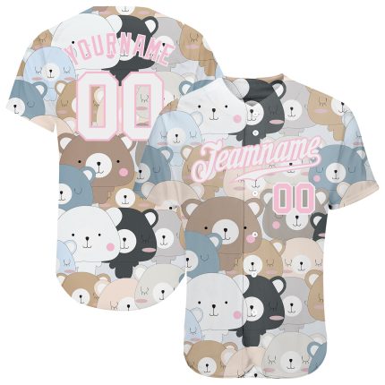 Custom Teddy Bears Baseball Jersey with 3D Pink Pattern Design - Personalized Name and Number Personalized White White-Light