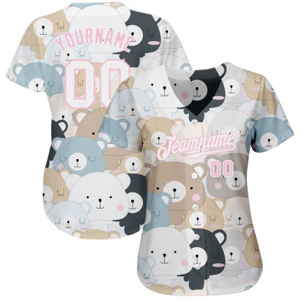 Custom Teddy Bears Baseball Jersey with 3D Pink Pattern Design - Personalized Name and Number Personalized White White-Light