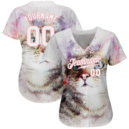 Custom Name and Number Cat Baseball Jersey - Personalized 3D Pattern Design in White and Pink, Medium Size Personalized White