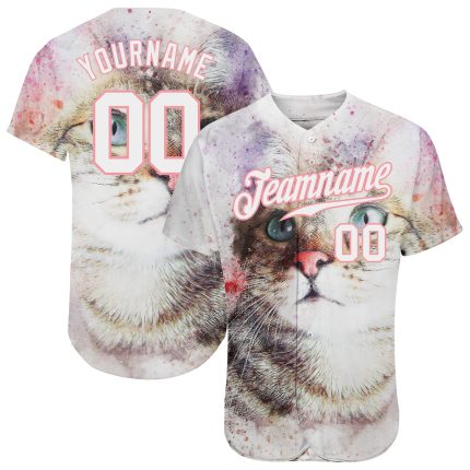Custom Name and Number Cat Baseball Jersey - Personalized 3D Pattern Design in White and Pink, Medium Size Personalized White