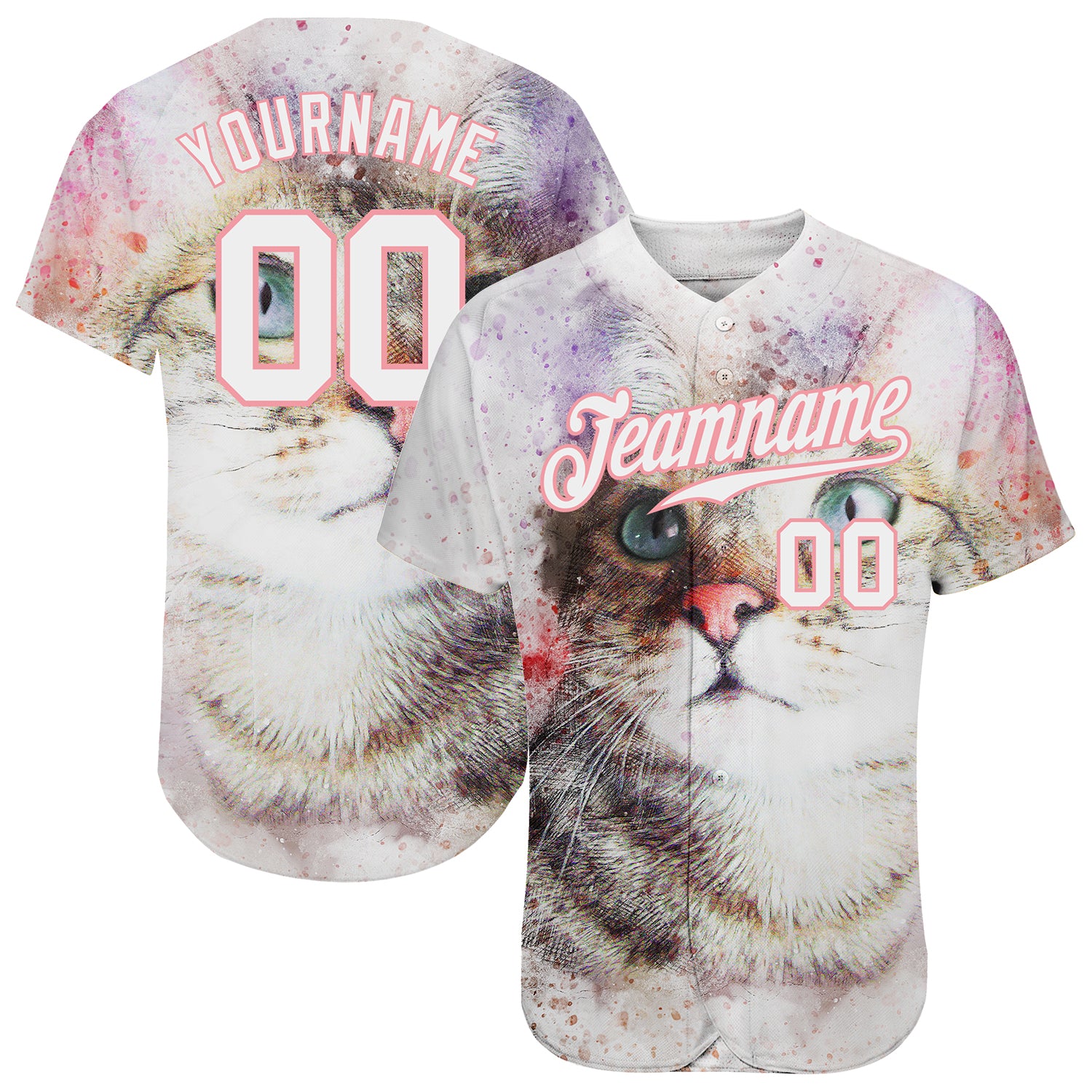 Custom Name and Number Cat Baseball Jersey - Personalized 3D Pattern Design in White and Pink, Medium Size Personalized White