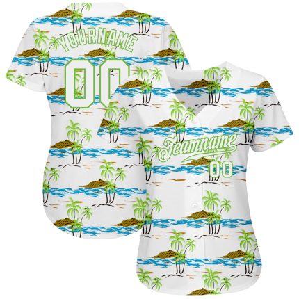 Personalized 3D Pattern Baseball Jersey with Custom Name & Number - White/Neon Green Beaches Design Personalized White White-Neon
