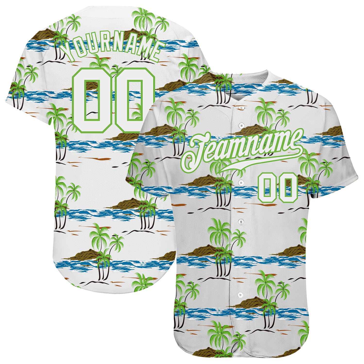 Personalized 3D Pattern Baseball Jersey with Custom Name & Number - White/Neon Green Beaches Design Personalized White White-Neon