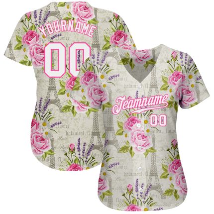 Custom Floral Eiffel Tower Baseball Jersey Personalized 3D White-Pink Design with Name and Number Personalized White White-Pink