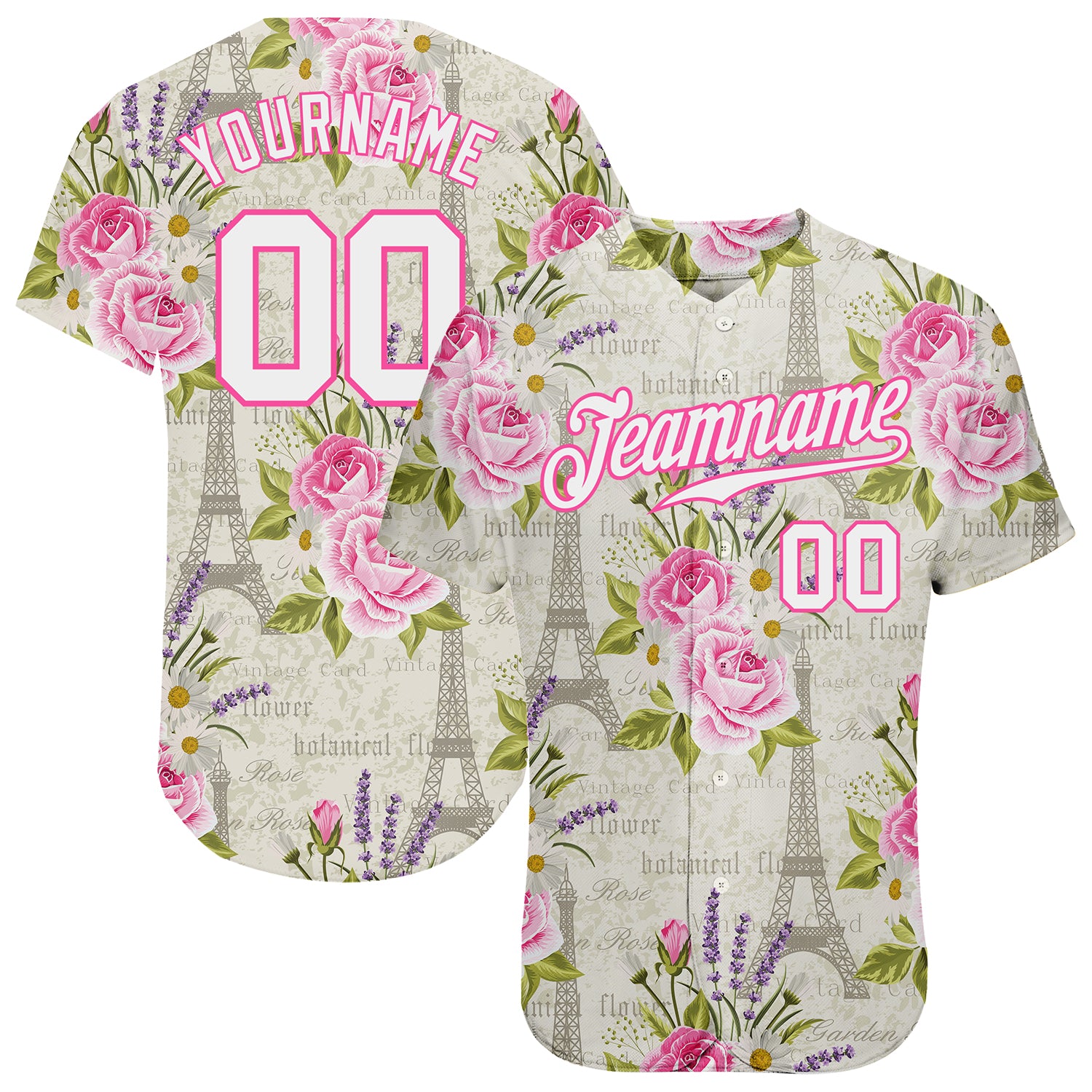 Custom Floral Eiffel Tower Baseball Jersey Personalized 3D White-Pink Design with Name and Number Personalized White White-Pink