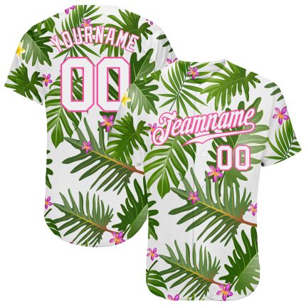 Personalized Tropical Palm Leaves 3D Pattern Baseball Jersey with Custom Name & Number - White Pink Design Personalized White