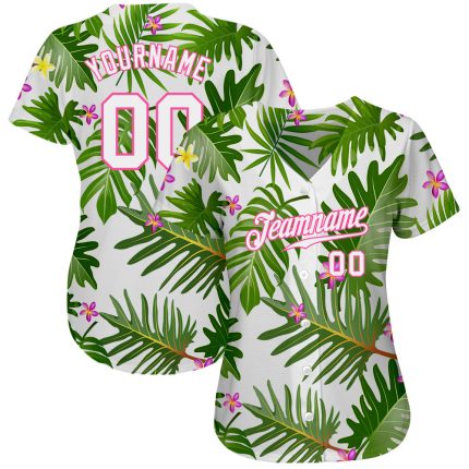 Personalized Tropical Palm Leaves 3D Pattern Baseball Jersey with Custom Name & Number - White Pink Design Personalized White