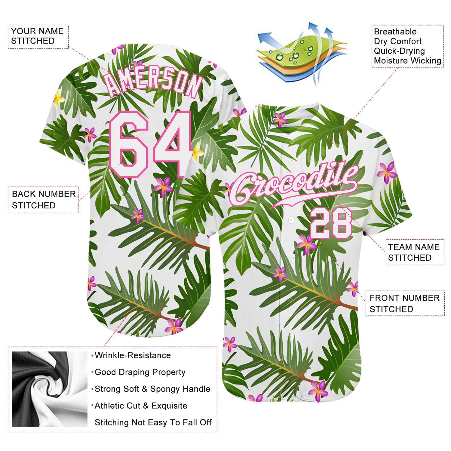 Personalized White White-Pink 3D Pattern Design Tropical Palm Leaves Authentic Baseball Jersey Team Custom Name and Number Personalized Tropical Palm Leaves 3D Pattern Baseball Jersey with Custom Name & Number - White Pink Design Personalized White - Image 3