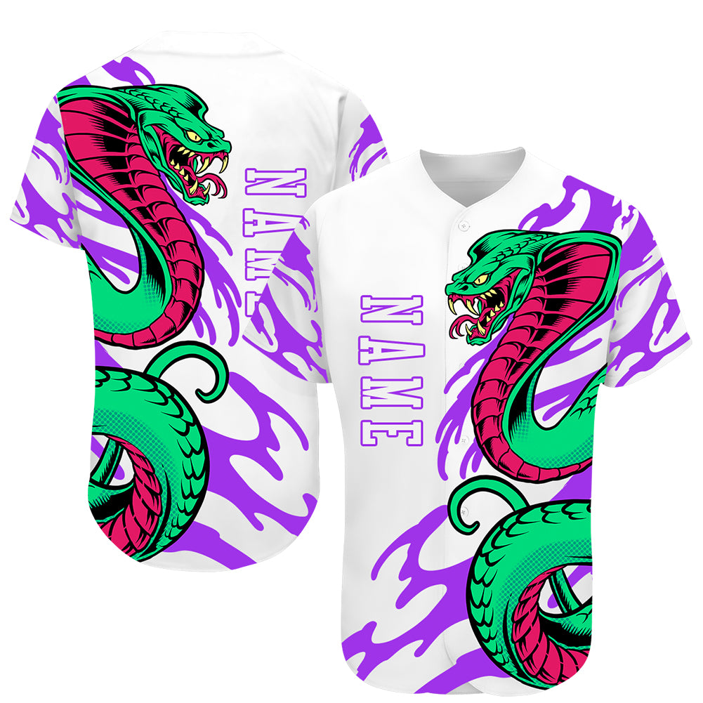 Custom Personalized 3D Snake Baseball Jersey with White and Purple Design - Team Name and Number Personalized White White-Purple