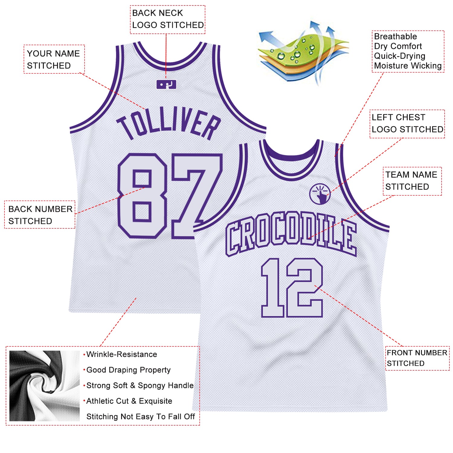Personalized White White-Purple Authentic Throwback Basketball Jersey Team Custom Name and Number Custom Name and Number Personalized Authentic Throwback Basketball Jersey - White/Purple Team Jersey Personalized White White-Purple - Image 2