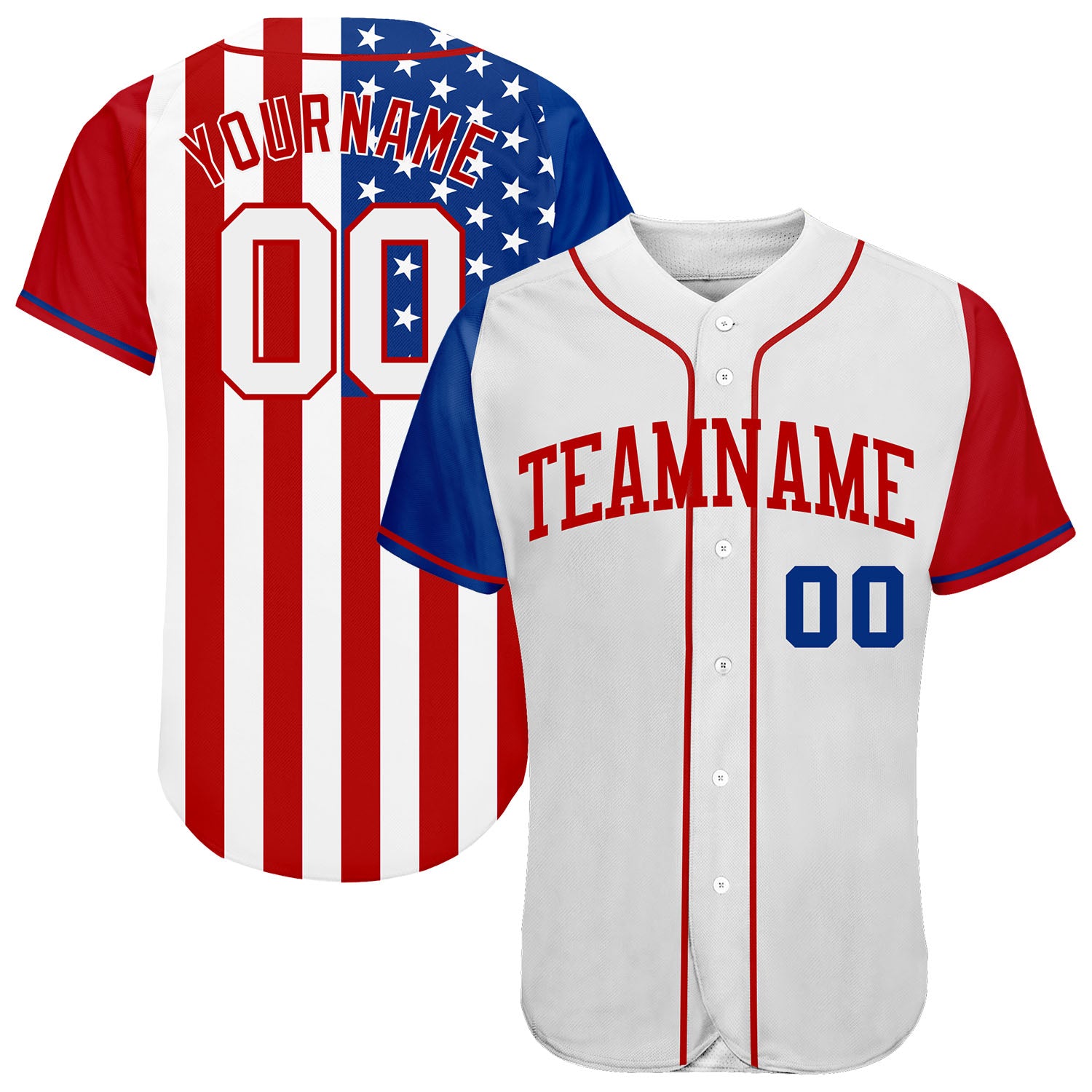 Personalized 3D American Flag Baseball Jersey - White and Red Authentic Design Personalized White White-Red 3D American Flag