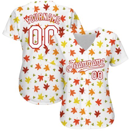Custom Name and Number Personalized 3D Pattern Autumn Leaves Baseball Jersey - White and Red Design Personalized White White-Red
