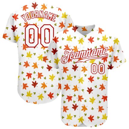 Custom Name and Number Personalized 3D Pattern Autumn Leaves Baseball Jersey - White and Red Design Personalized White White-Red