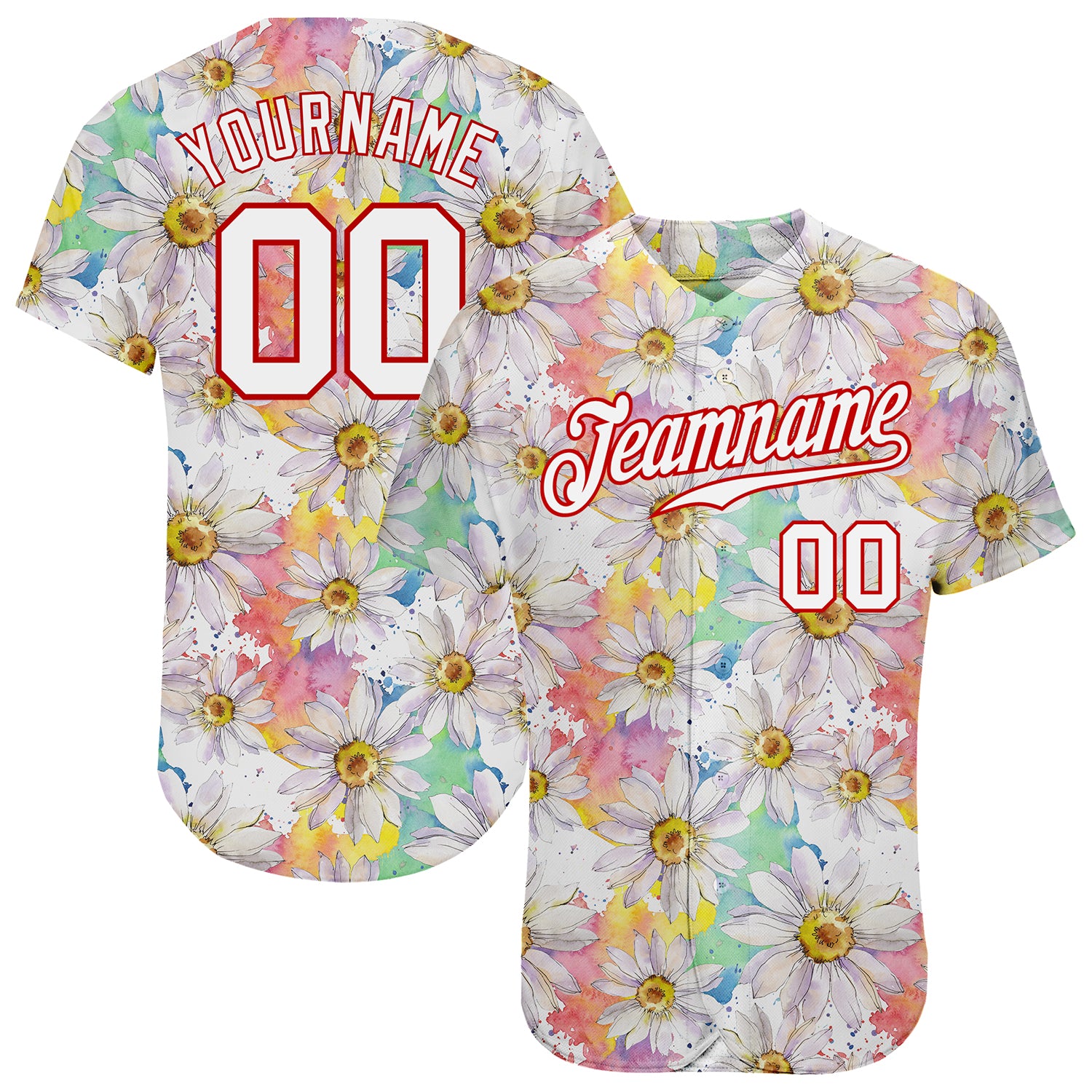Customizable 3D Pattern Daisy Baseball Jersey with Name & Number - White Red Team Design Personalized White White-Red 3D