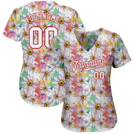 Customizable 3D Pattern Daisy Baseball Jersey with Name & Number - White Red Team Design Personalized White White-Red 3D