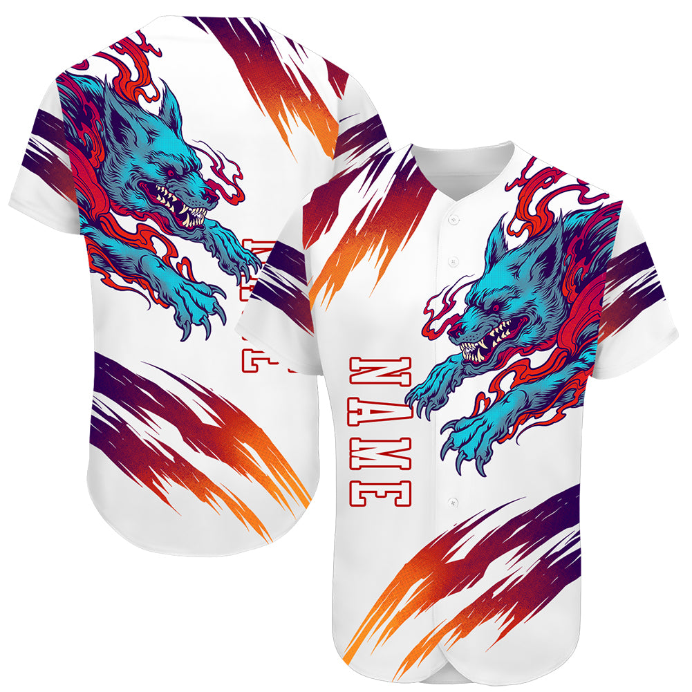 Custom Name and Number Personalized 3D Wolf Baseball Jersey in White and Red - Authentic Team Apparel Personalized White