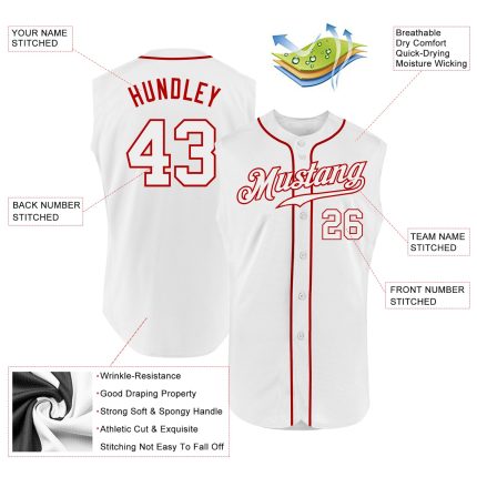 Personalized Authentic Baseball Jersey with Custom Name and Number, White-Red Sleeveless Design Personalized White White-Red