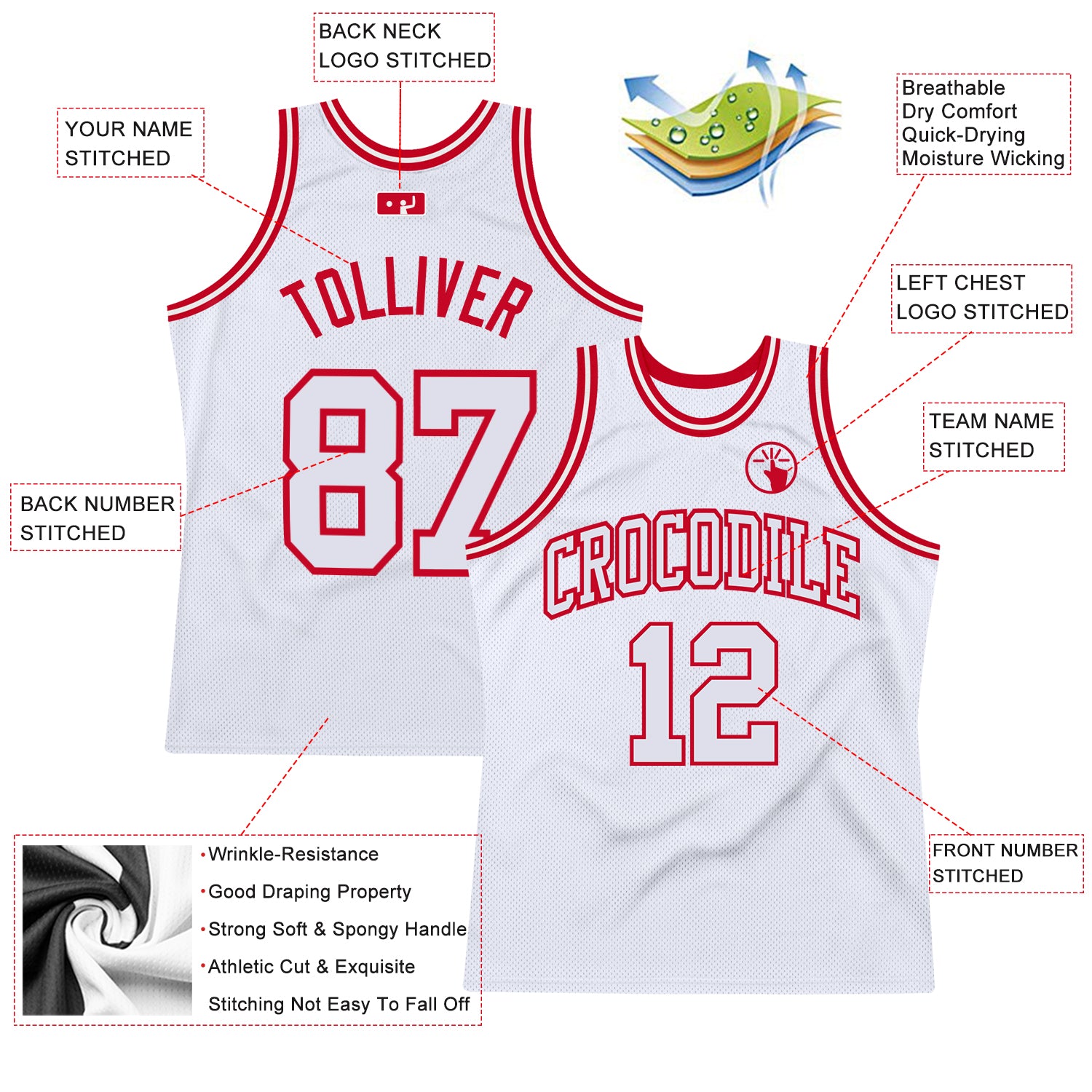 Personalized White White-Red Authentic Throwback Basketball Jersey Team Custom Name and Number Custom Name and Number Personalized Authentic Throwback Basketball Jersey - White Red Design Personalized White White-Red - Image 2