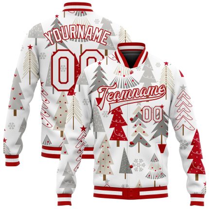 Custom Name Number Christmas 3D Bomber Varsity Letterman Jacket - Personalized Red Gray White Full-Snap Team Jacket Personalized