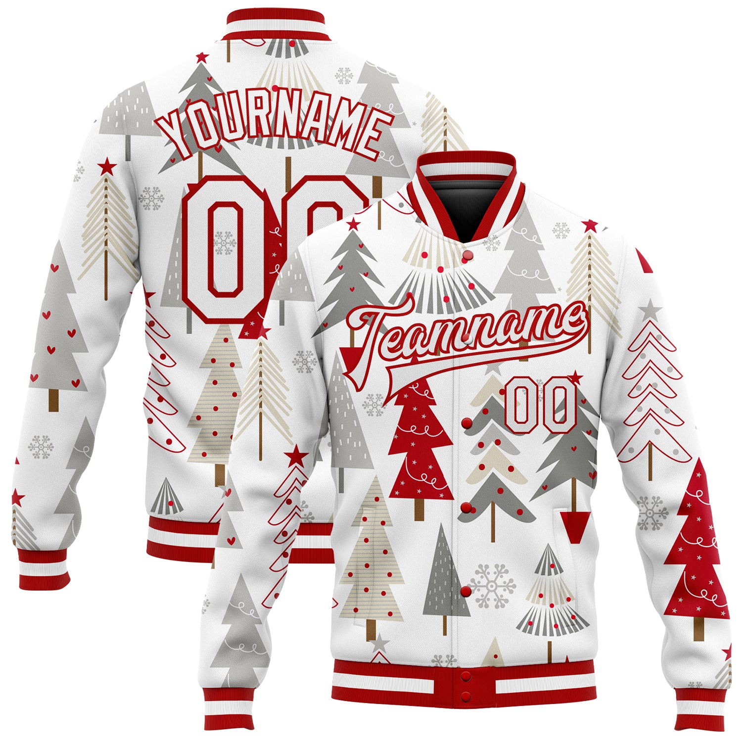 Custom Name Number Christmas 3D Bomber Varsity Letterman Jacket - Personalized Red Gray White Full-Snap Team Jacket Personalized