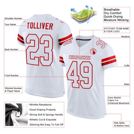 Personalized Custom Football Jersey with Team Name & Number - White Red Mesh Authentic Personalized White White-Red Mesh