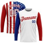 Personalized 3D American Flag Long Sleeve Performance T-Shirt in White and Red-Royal Personalized White White Red-Royal American