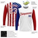 Personalized 3D American Flag Long Sleeve Performance T-Shirt in White and Red-Royal Personalized White White Red-Royal American
