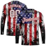 Custom Team Name and Number 3D Long Sleeve Performance T-Shirt, Red-Royal American Flag Design, Personalized White T-Shirt
