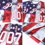 Custom Team Name and Number 3D Long Sleeve Performance T-Shirt, Red-Royal American Flag Design, Personalized White T-Shirt