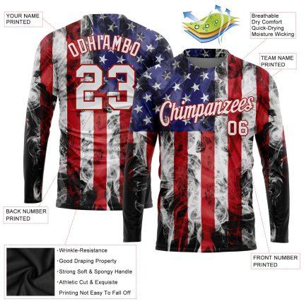 Custom Team Name and Number 3D Long Sleeve Performance T-Shirt, Red-Royal American Flag Design, Personalized White T-Shirt
