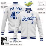 Custom Name and Number Personalized White-Royal Bomber Varsity Letterman Jacket Personalized White White-Royal Bomber Full-Snap
