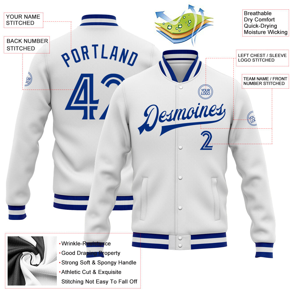 Personalized White White-Royal Bomber Full-Snap Varsity Letterman Jacket Team Custom Name and Number Custom Name and Number Personalized White-Royal Bomber Varsity Letterman Jacket Personalized White White-Royal Bomber Full-Snap - Image 3