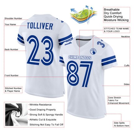 Custom Personalized Football Jersey with Name and Number - Authentic White-Royal Mesh Team Gear Personalized White White-Royal