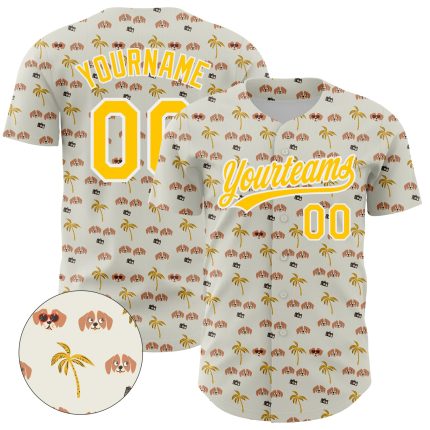 Custom Name and Number Baseball Jersey - Personalized 3D Dog and Hawaii Palm Trees Design - White Yellow Team Apparel Personalized