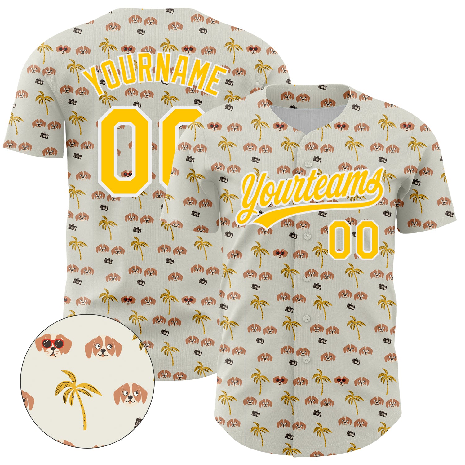 Custom Name and Number Baseball Jersey - Personalized 3D Dog and Hawaii Palm Trees Design - White Yellow Team Apparel Personalized